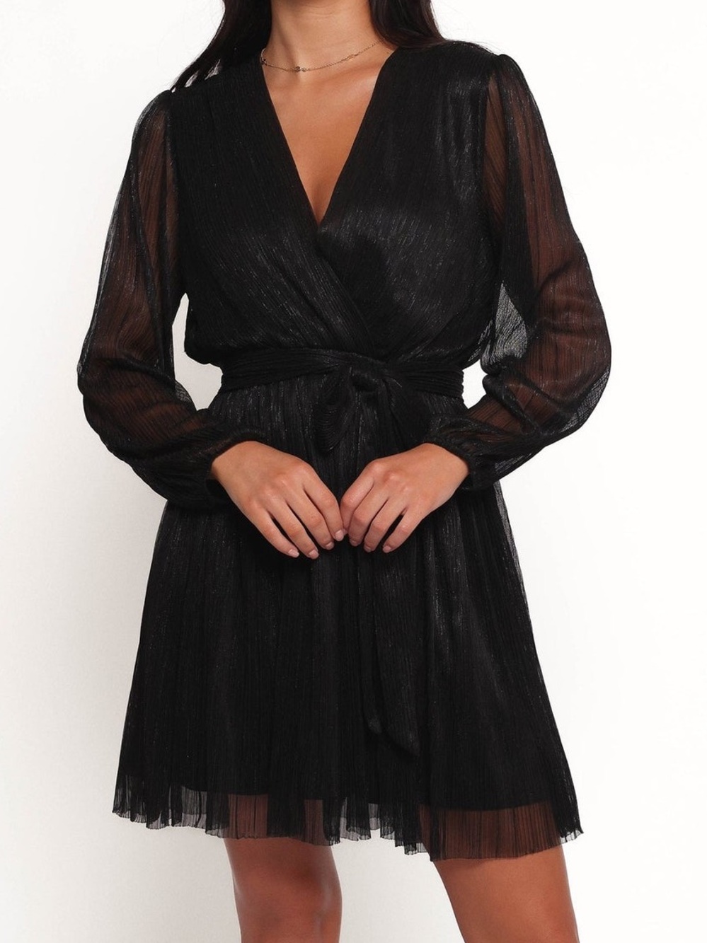 Petal & Pup Black Zhara Long Sleeve Sheer-Sleeve Wrap Mini Dress